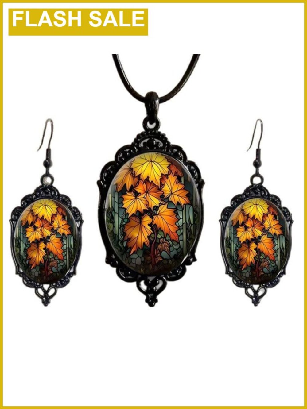 Gold Plated Crystal Maple Leaf Necklace Earrings Set Retro Glass Pendant